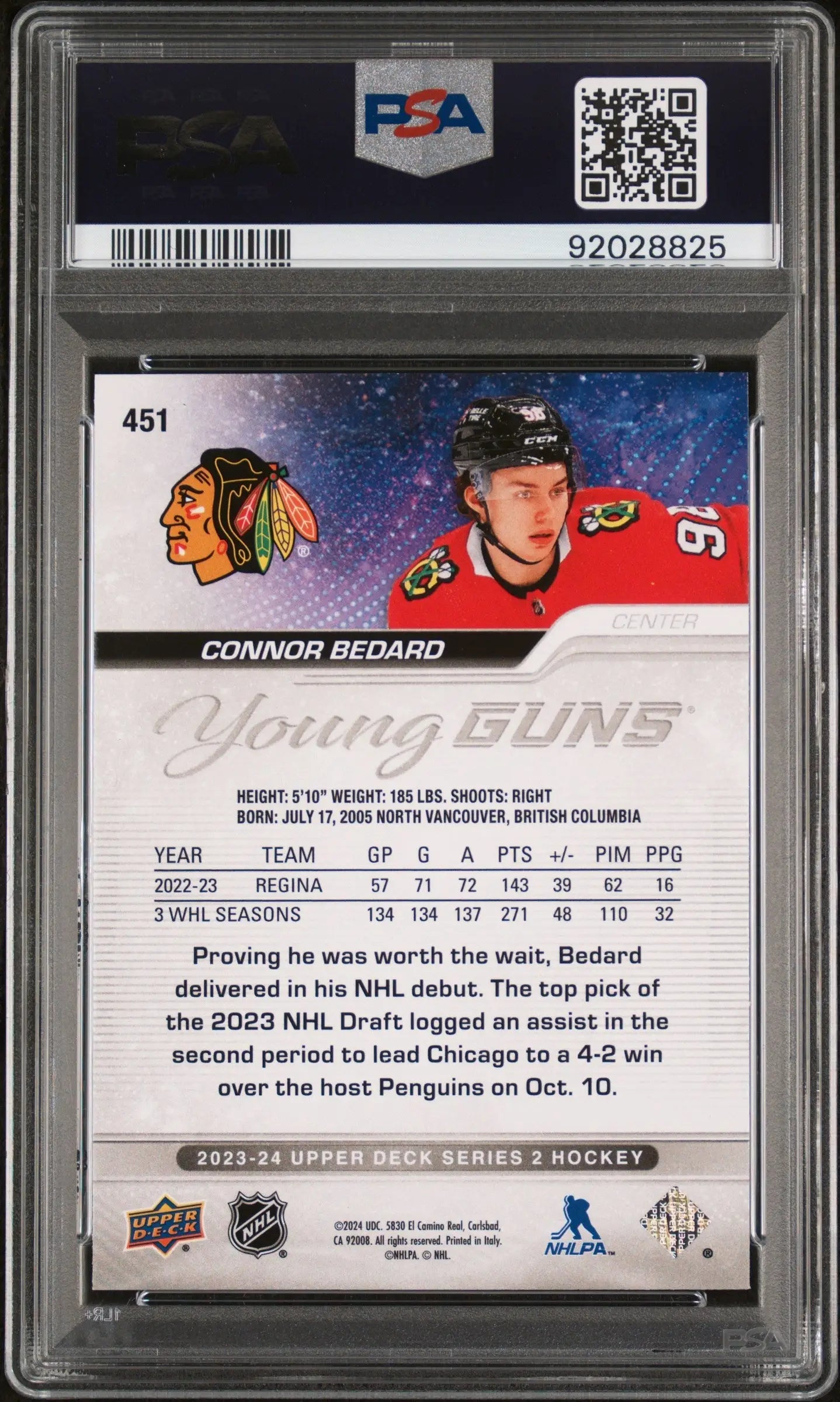 Connor Bedard Young Guns hockey trading card from Upper Deck 2023 product