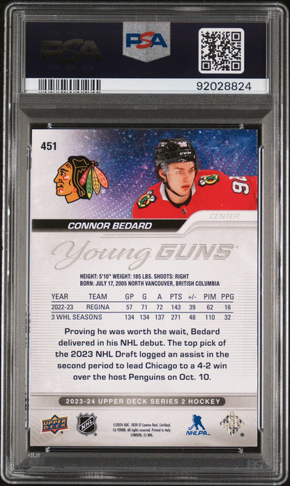 Graded Connor Bedard Young Guns hockey card from 2023 Upper Deck PSA 9 Mint