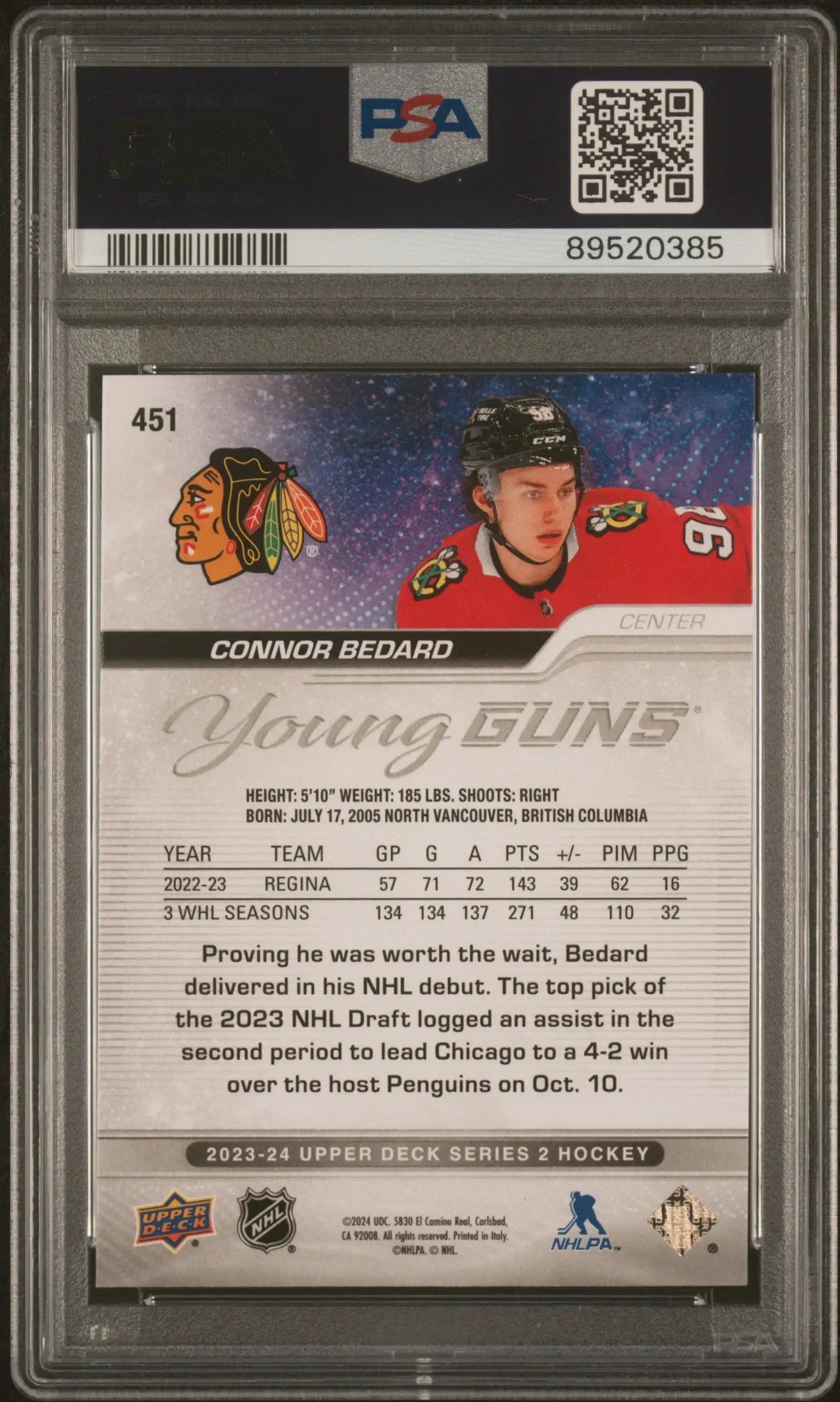 Graded 2023-24 Upper Deck Series 2 Connor Bedard rookie hockey card PSA 9 Mint