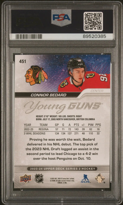 Graded 2023-24 Upper Deck Series 2 Connor Bedard rookie hockey card PSA 9 Mint