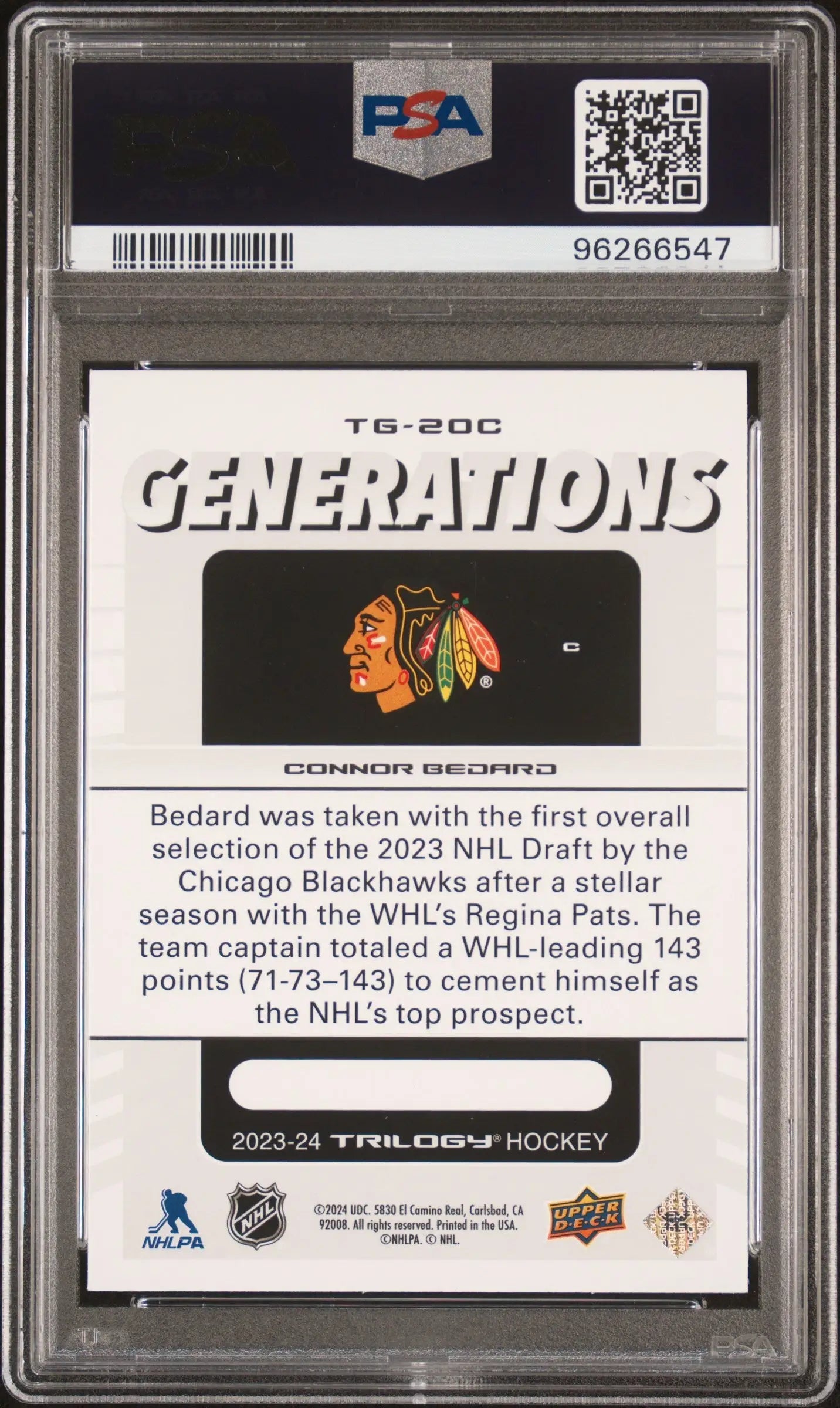 Graded Connor Bedard 2023 Upper Deck Trilogy hockey trading card with Blackhawks logo