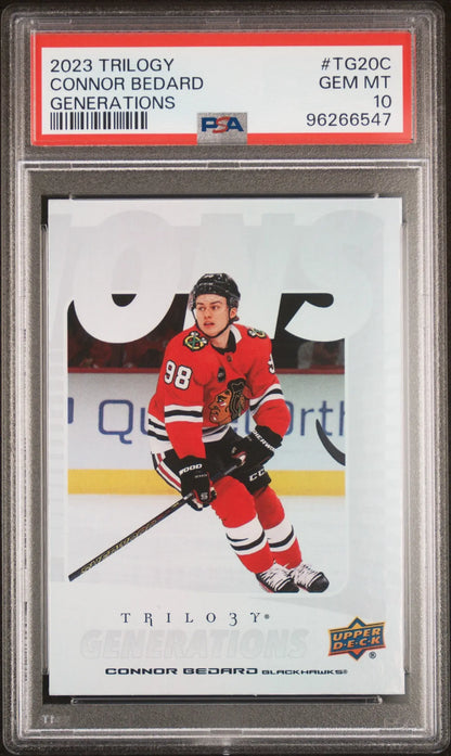 PSA-graded 2023 Upper Deck Trilogy Connor Bedard Generations hockey card in Gem Mint condition