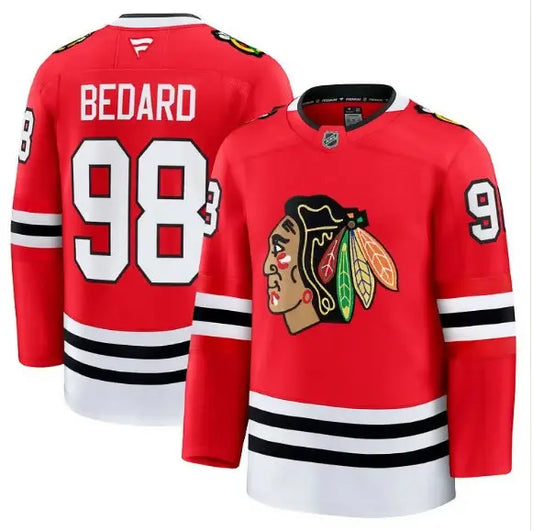 Red Chicago Blackhawks Bedard jersey displayed on Connor Bedard Chicago Blackhawks Away Premium Jersey