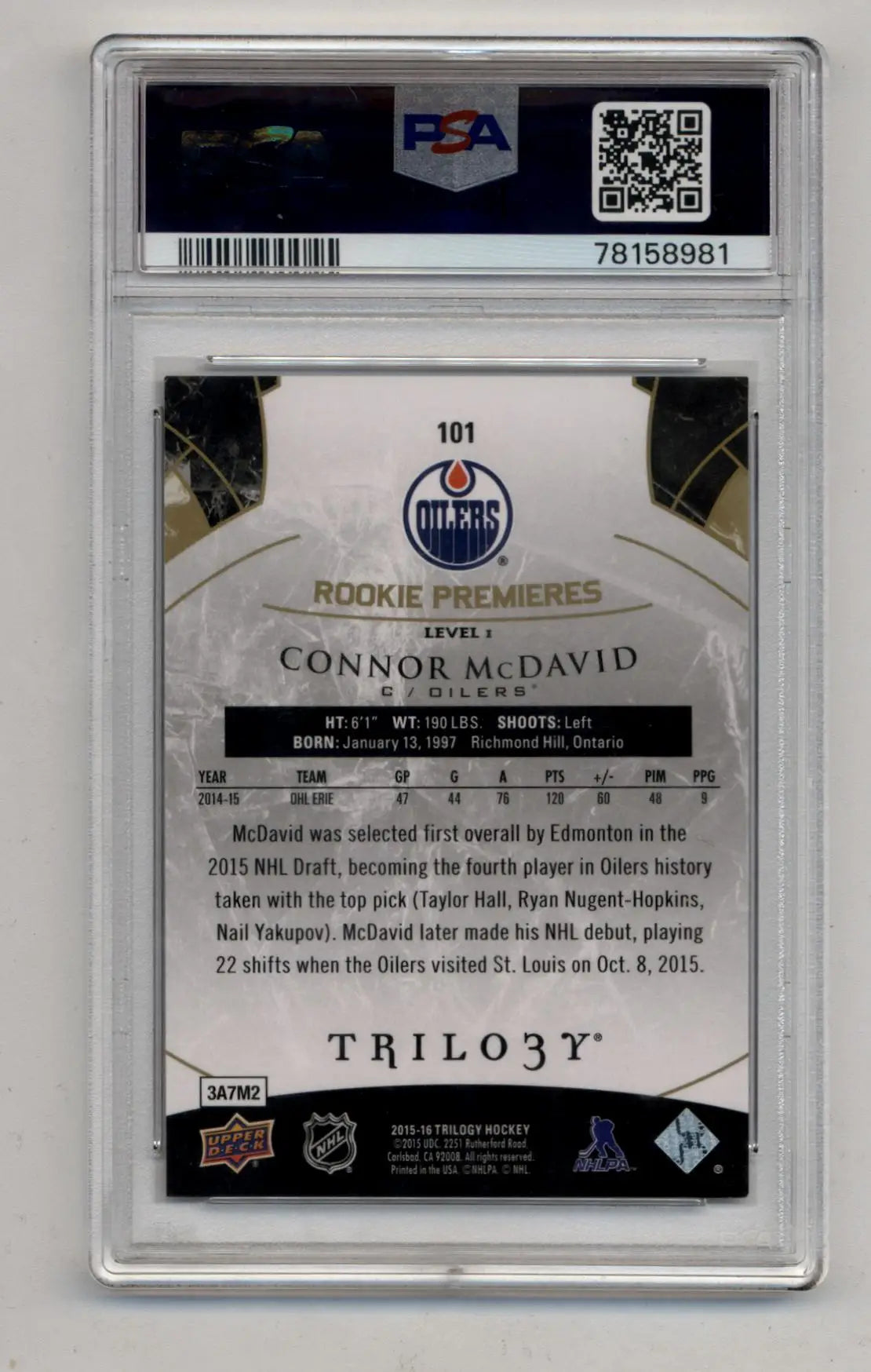Back of Connor McDavid 2015-16 Trilogy trading card showing player stats and info