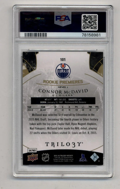 Back of Connor McDavid 2015-16 Trilogy trading card showing player stats and info