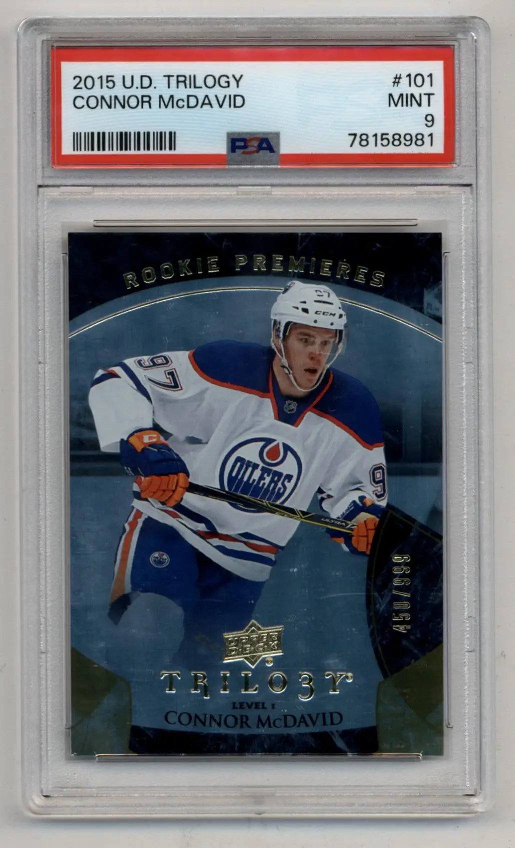 PSA-graded Connor McDavid 2015-16 Upper Deck Trilogy hockey card in white jersey