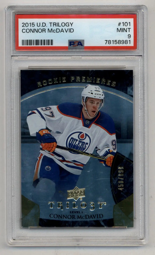 PSA-graded Connor McDavid 2015-16 Upper Deck Trilogy hockey card in white jersey