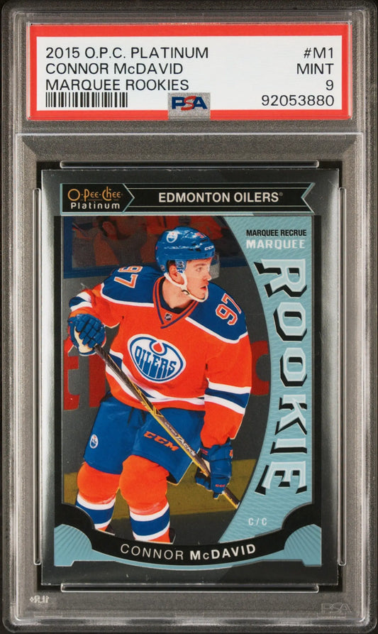 Connor McDavid rookie hockey card from OPC Platinum, PSA 9 Mint trading card