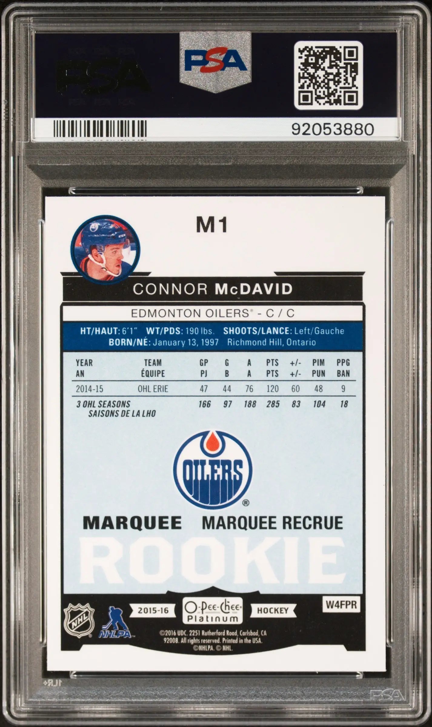 Connor McDavid rookie hockey card from OPC Platinum series in PSA 9 Mint condition