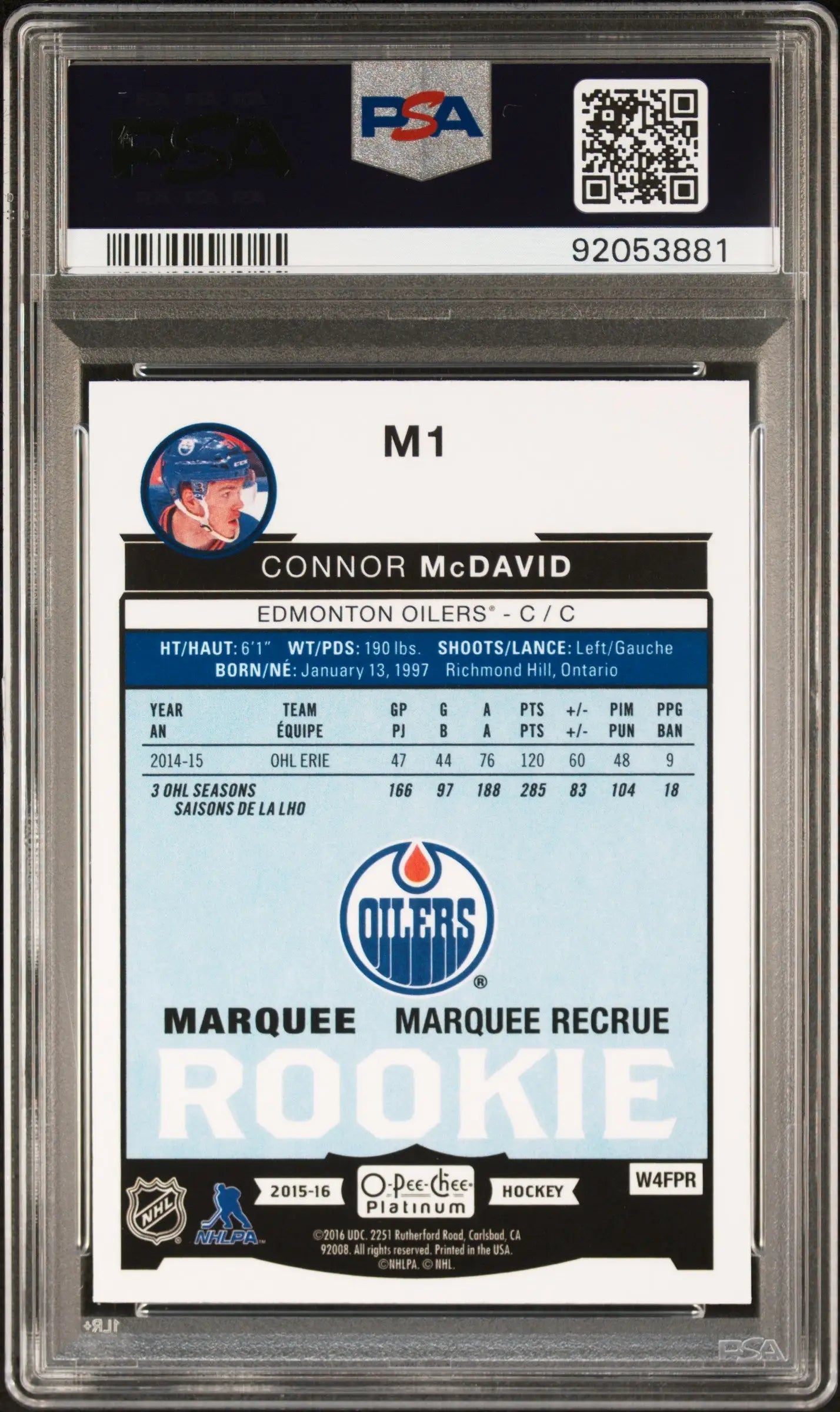 Graded Connor McDavid rookie hockey card from OPC Platinum series in PSA 9 Mint condition