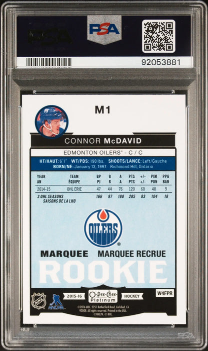 Graded Connor McDavid rookie hockey card from OPC Platinum series in PSA 9 Mint condition