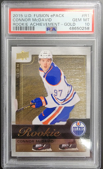 PSA 10 Gem Mint Connor McDavid 2015 Upper Deck Fusion Rookie card in Oilers uniform