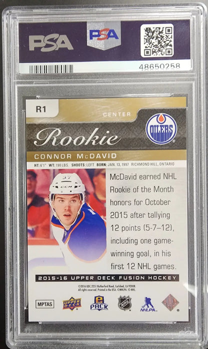PSA 10 Gem Mint Connor McDavid Upper Deck Fusion ePack Rookie in protective case
