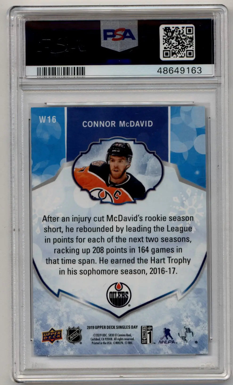 Graded Connor McDavid hockey trading card from Upper Deck Singles Day Winter Frost