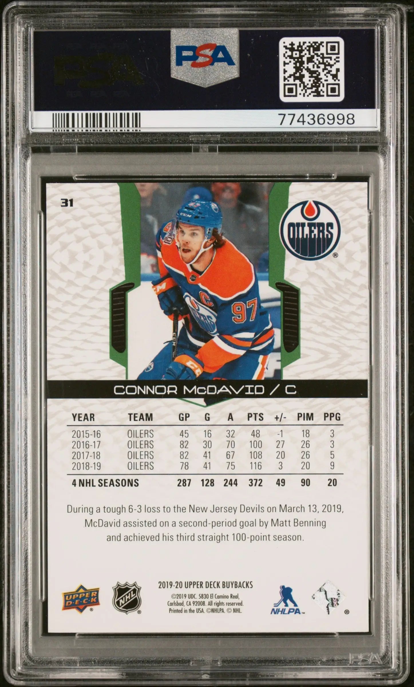 Connor McDavid 2019 Upper Deck Buybacks #31 Emerald #18/25 PSA 9 Mint - Singles