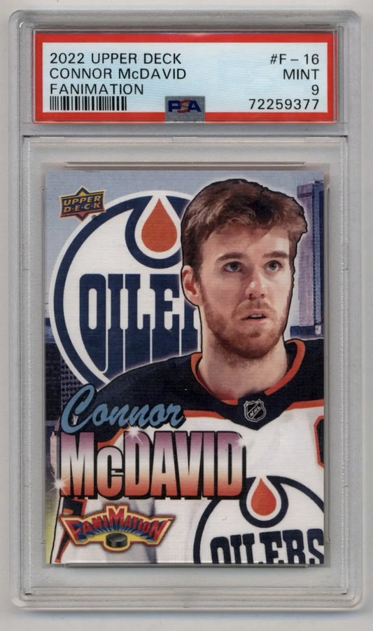 PSA 9 Mint Connor McDavid 2022-23 Upper Deck Fanimation trading card in mint condition