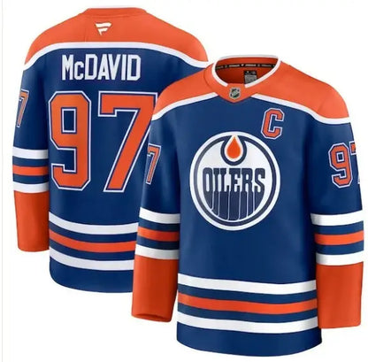 Connor McDavid Edmonton Oilers Royal Home Premium Hockey Jersey displayed front view