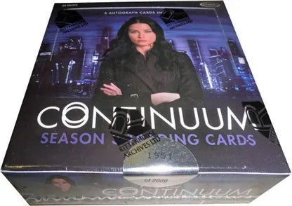Continuum Season trading cards box featuring a woman against a futuristic cityscape
