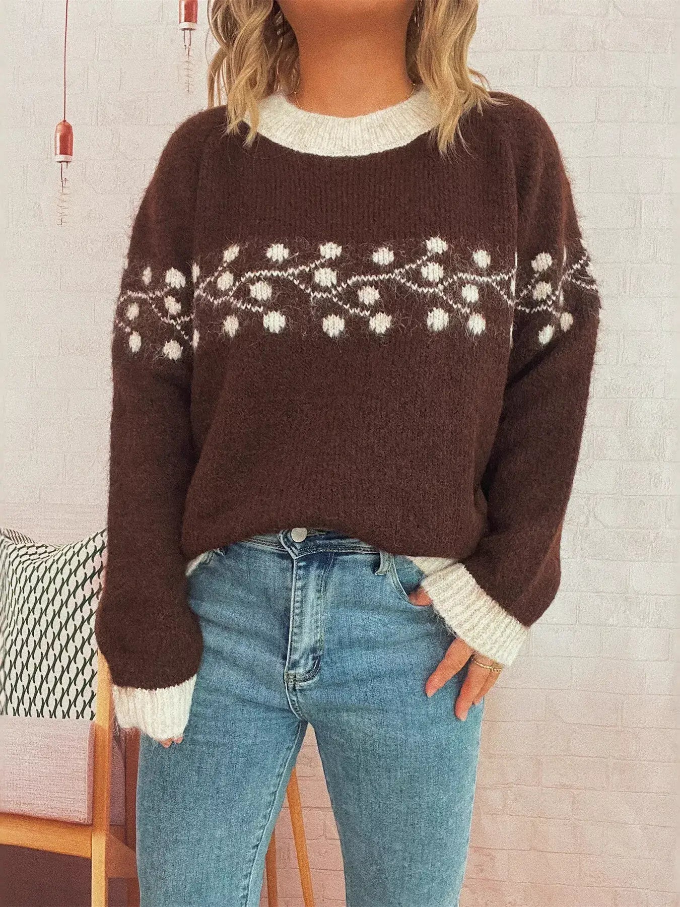 Contrast Hem Round Neck Sweater - Brown / One Size