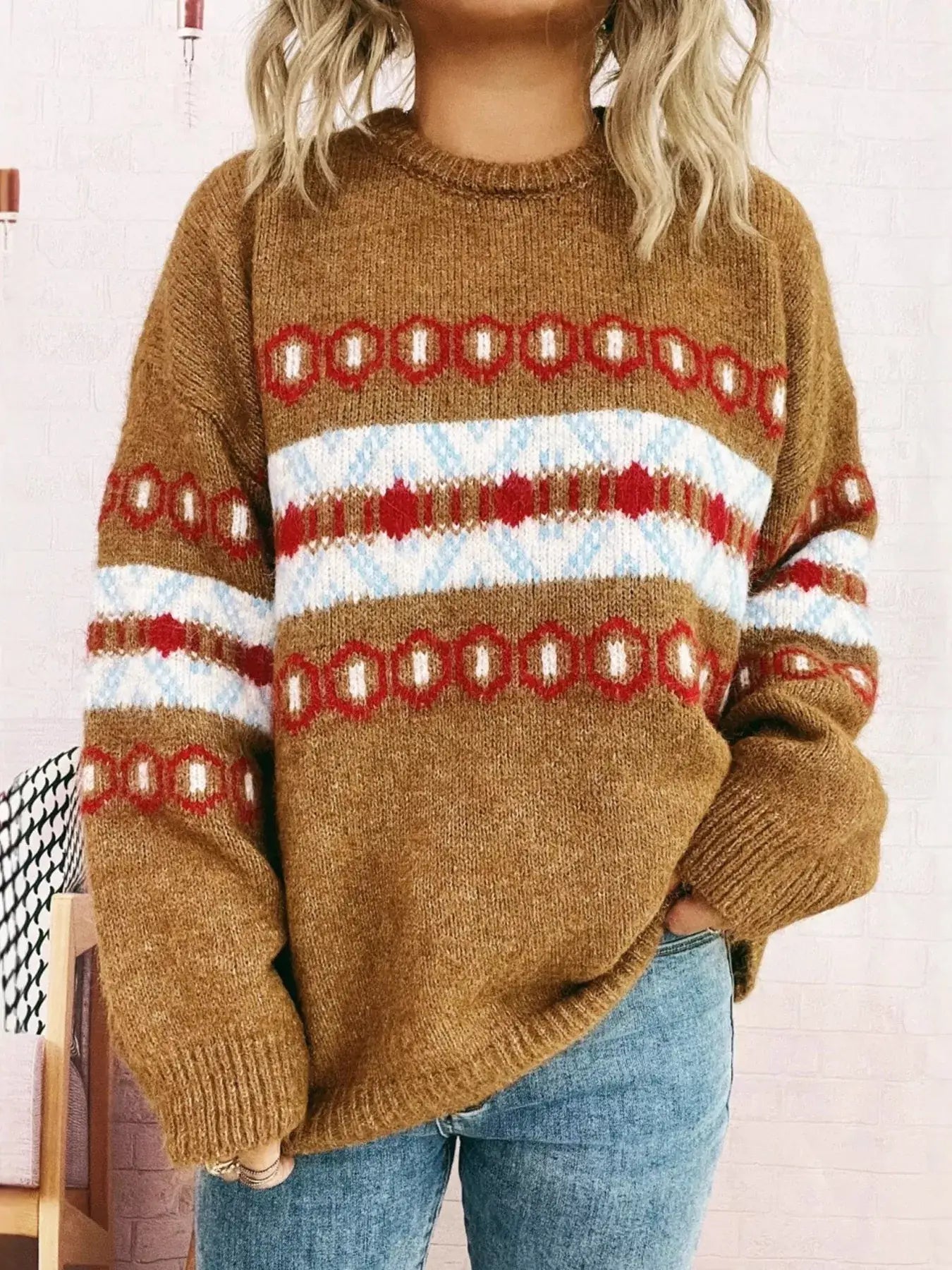 Contrast Round Neck Drop Shoulder Sweater - Khaki / One Size