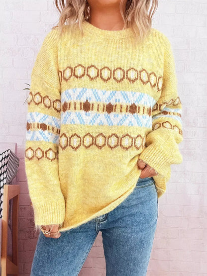 Contrast Round Neck Drop Shoulder Sweater - Yellow / One Size