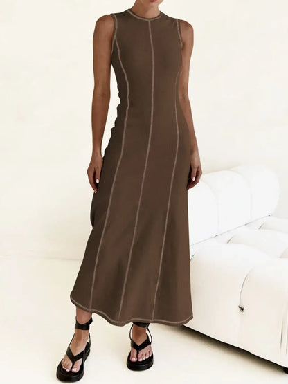 Contrast Stitching Round Neck Sleeveless Midi Dress - dress