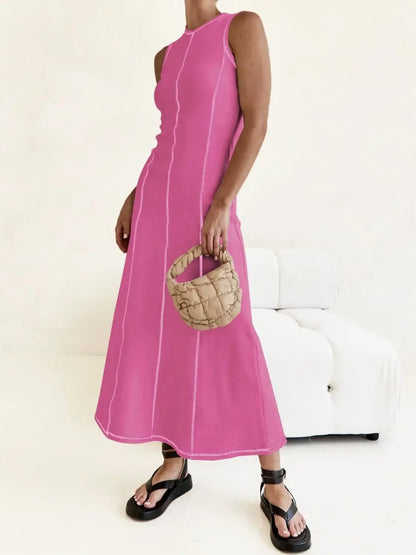 Contrast Stitching Round Neck Sleeveless Midi Dress - dress