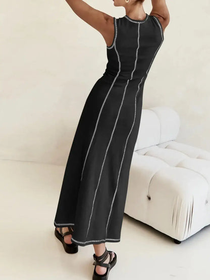 Contrast Stitching Round Neck Sleeveless Midi Dress - dress