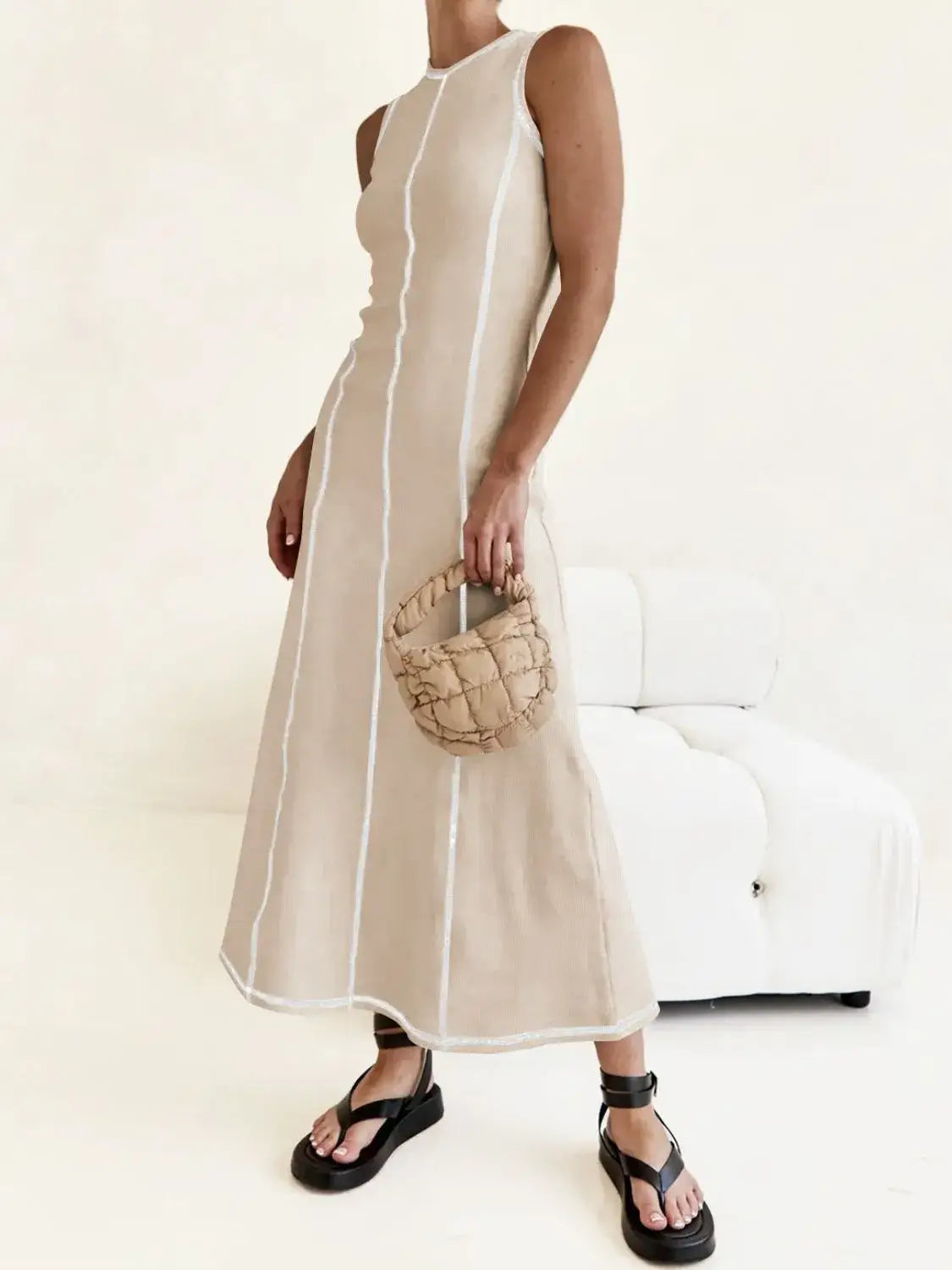 Contrast Stitching Round Neck Sleeveless Midi Dress - dress