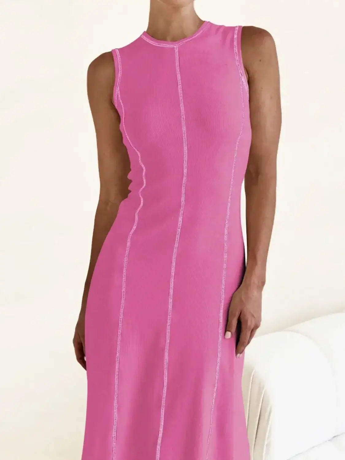 Contrast Stitching Round Neck Sleeveless Midi Dress - dress