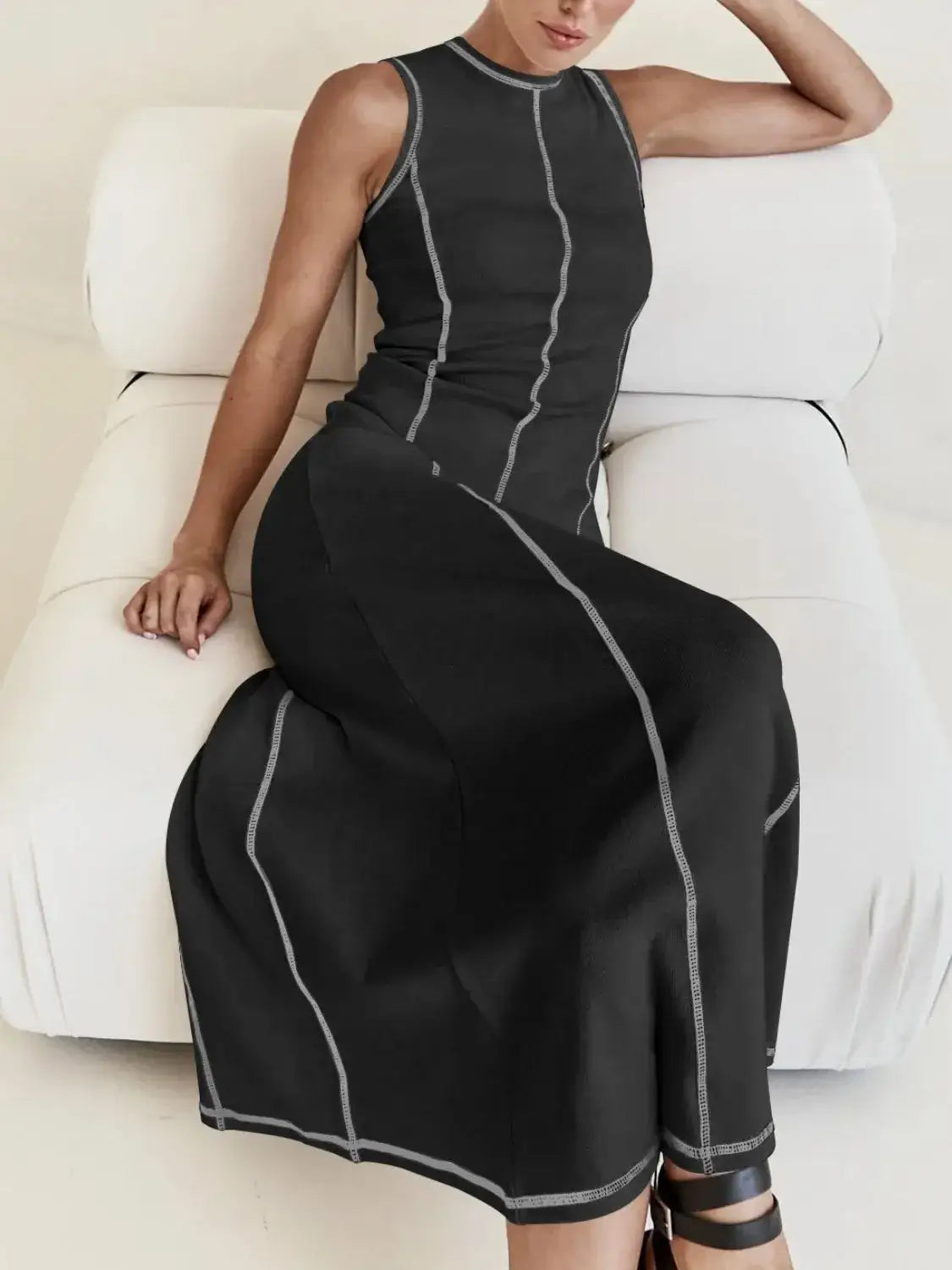Contrast Stitching Round Neck Sleeveless Midi Dress - dress