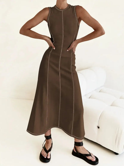 Contrast Stitching Round Neck Sleeveless Midi Dress - dress