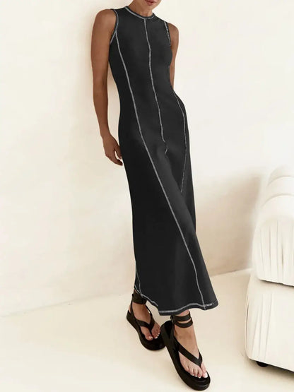Contrast Stitching Round Neck Sleeveless Midi Dress - dress