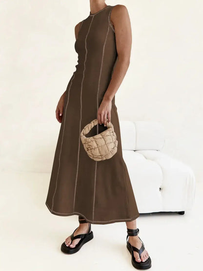 Contrast Stitching Round Neck Sleeveless Midi Dress - dress