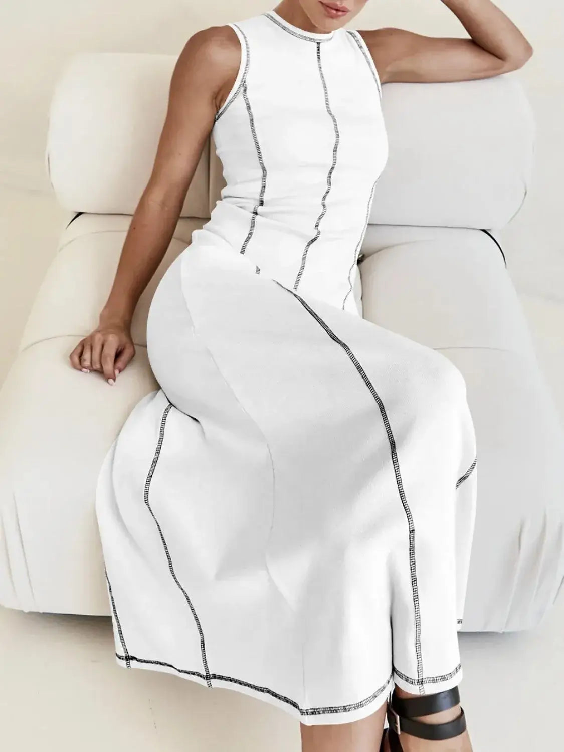 Contrast Stitching Round Neck Sleeveless Midi Dress - dress
