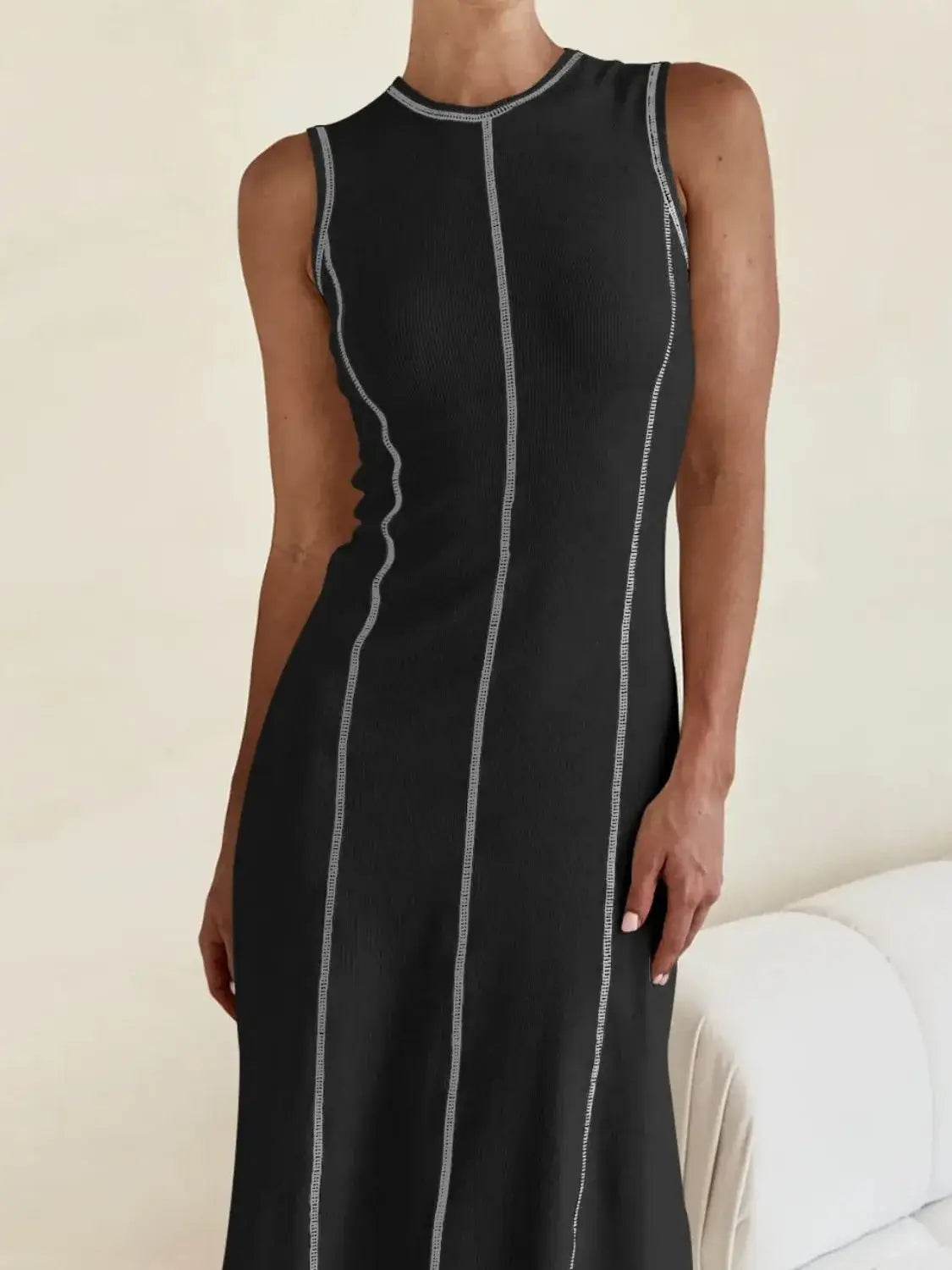 Contrast Stitching Round Neck Sleeveless Midi Dress - dress