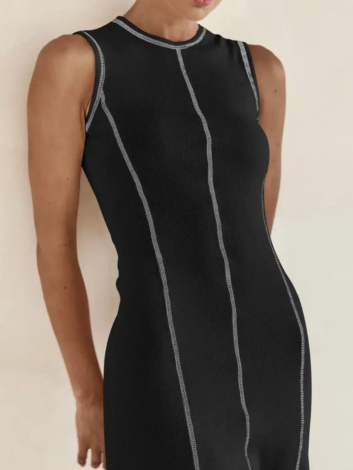 Contrast Stitching Round Neck Sleeveless Midi Dress - dress