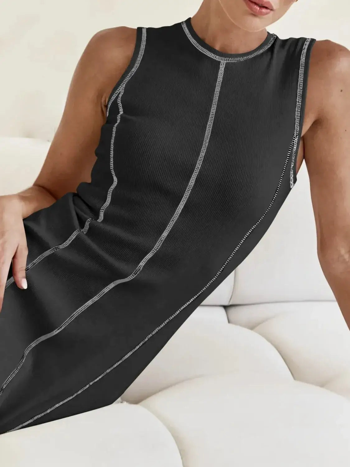 Contrast Stitching Round Neck Sleeveless Midi Dress - dress