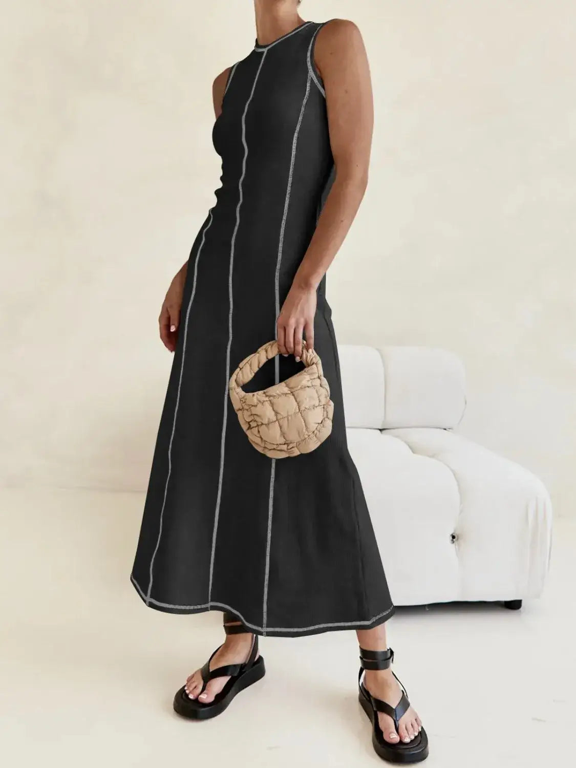 Contrast Stitching Round Neck Sleeveless Midi Dress - dress