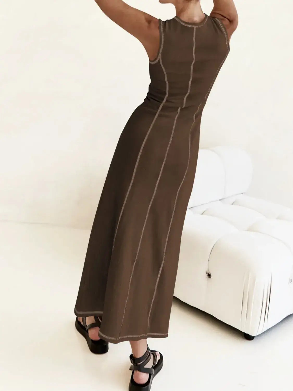 Contrast Stitching Round Neck Sleeveless Midi Dress - dress