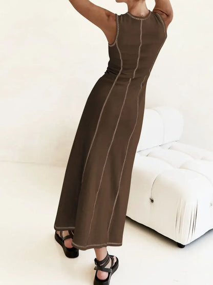 Contrast Stitching Round Neck Sleeveless Midi Dress - dress
