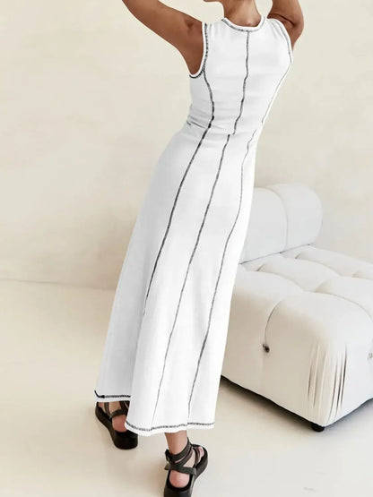 Contrast Stitching Round Neck Sleeveless Midi Dress - dress