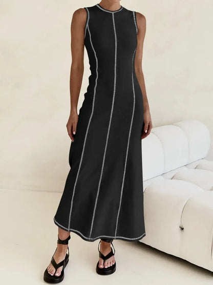 Contrast Stitching Round Neck Sleeveless Midi Dress - Black / S - dress