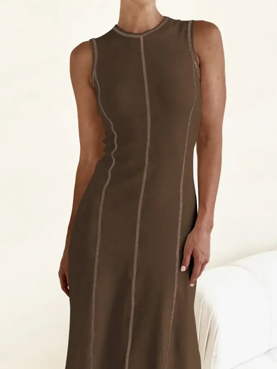 Contrast Stitching Round Neck Sleeveless Midi Dress - Brown / S - dress