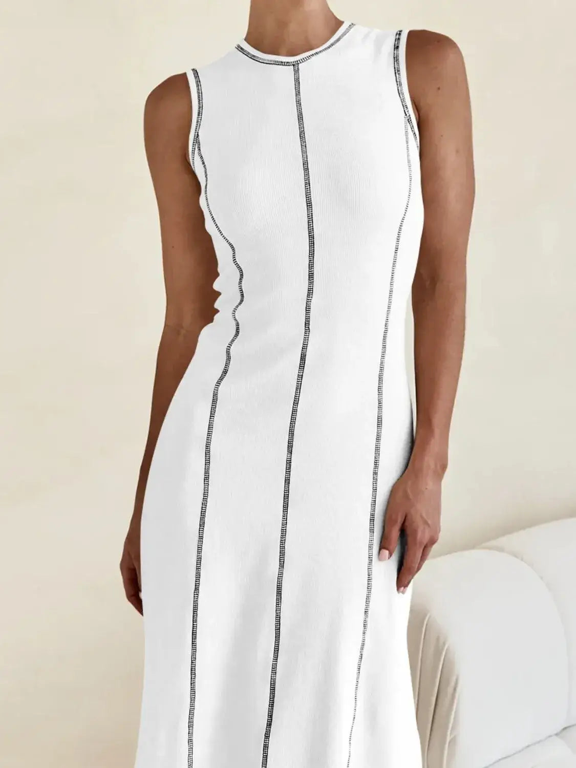 Contrast Stitching Round Neck Sleeveless Midi Dress - White / S - dress