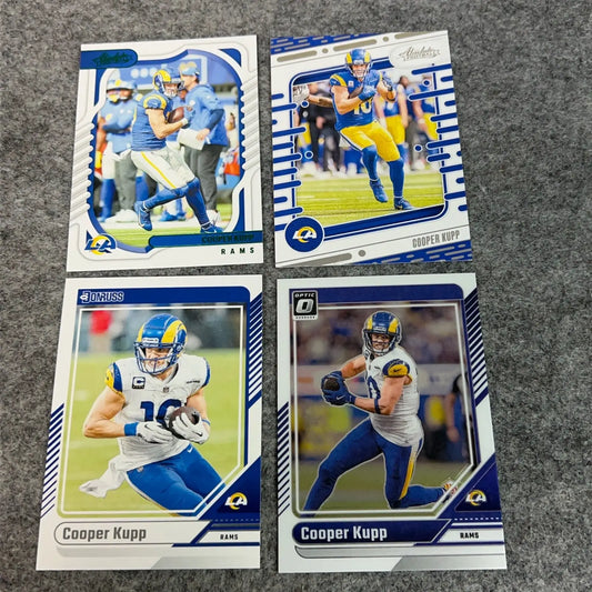 Four Cooper Kupp Los Angeles Rams football trading cards from 2022 to 2024 NFL seasons
