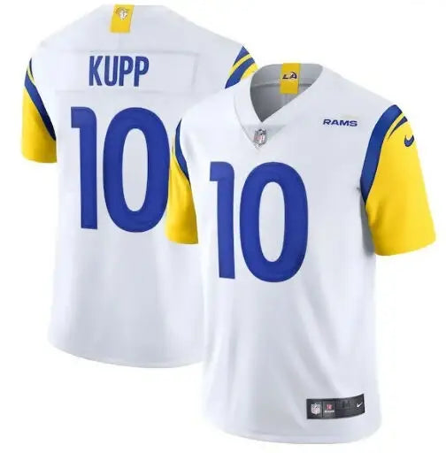 White Los Angeles Rams Cooper Kupp Nike Alternate Vapor Limited jersey with blue number 10 and yellow sleeves