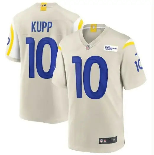 Light-colored Los Angeles Rams Nike Game Jersey with blue number 10 and KUPP on back
