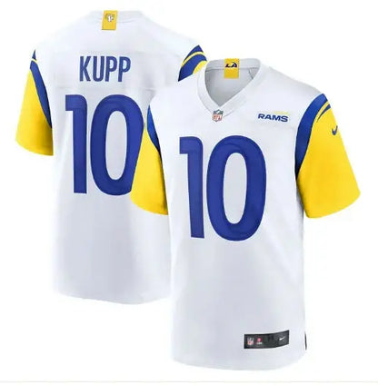 White Los Angeles Rams Cooper Kupp Nike game jersey with blue numbers and yellow sleeves