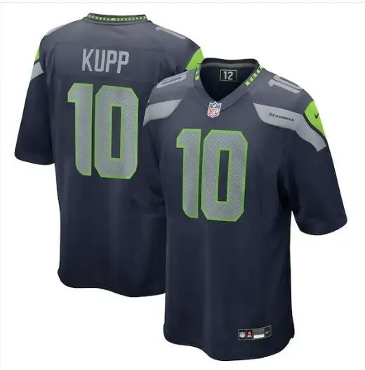 Dark blue Cooper Kupp Seattle Seahawks Nike game jersey with lime green KUPP and 10 numbers